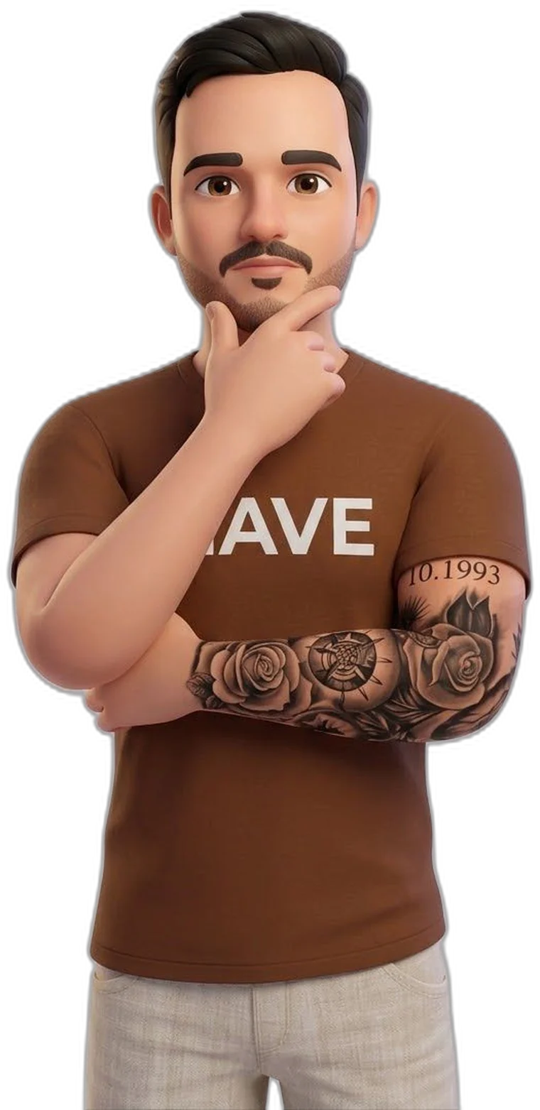 Tomás, criador da NAVE, pensativo, de camiseta NAVE