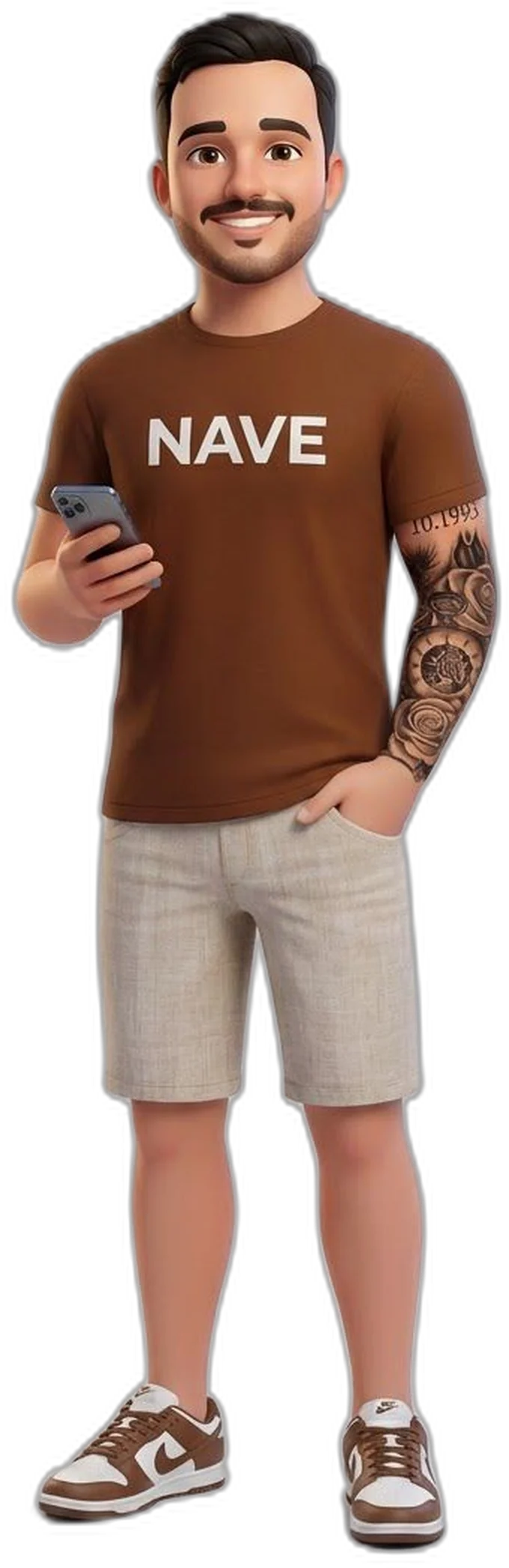 Tomás, criador da NAVE, de camiseta NAVE e com o celular na mão